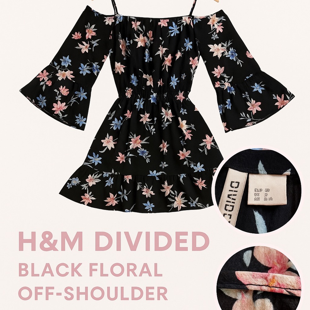H&M Divided Black Floral Off-Shoulder Bell Sleeve Dress – Size M